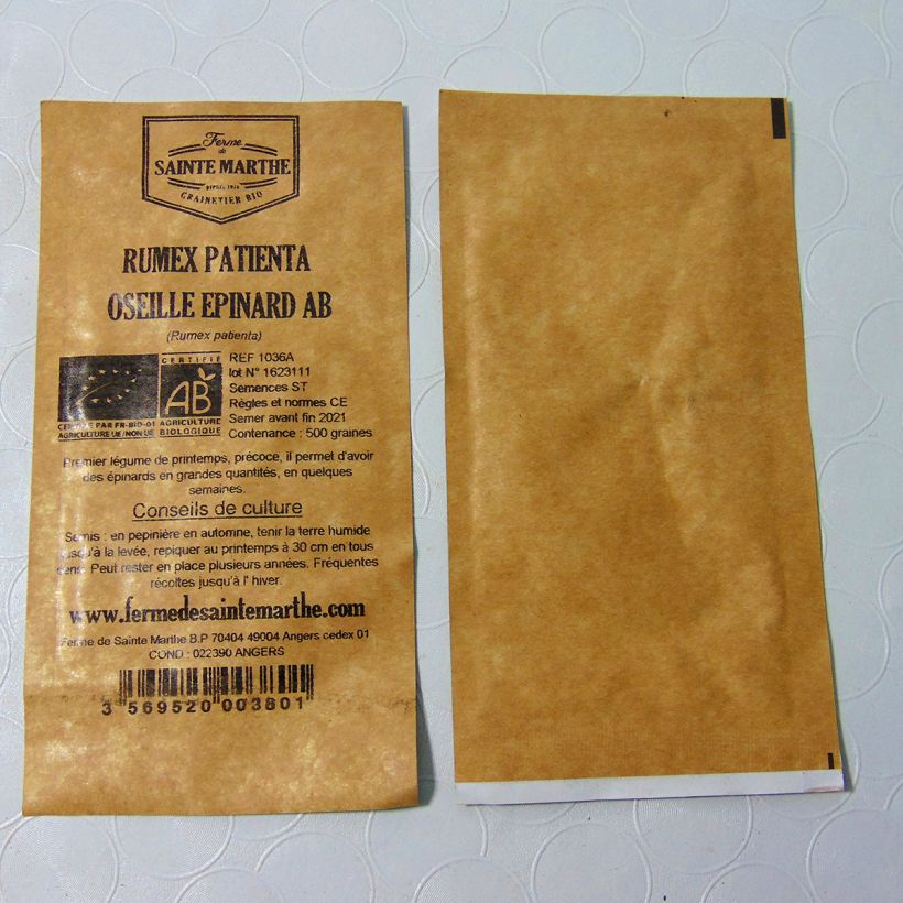 Exemple de spécimen de Oseille-épinard Bio - Patience - Ferme de Sainte Marthe le sachet de 500 graines environ (1g) tel que livré