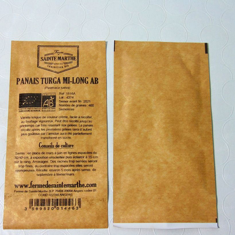 Exemple de spécimen de Panais Turga mi-long Bio - Ferme de Sainte Marthe le sachet de 400 graines environ (2g) tel que livré