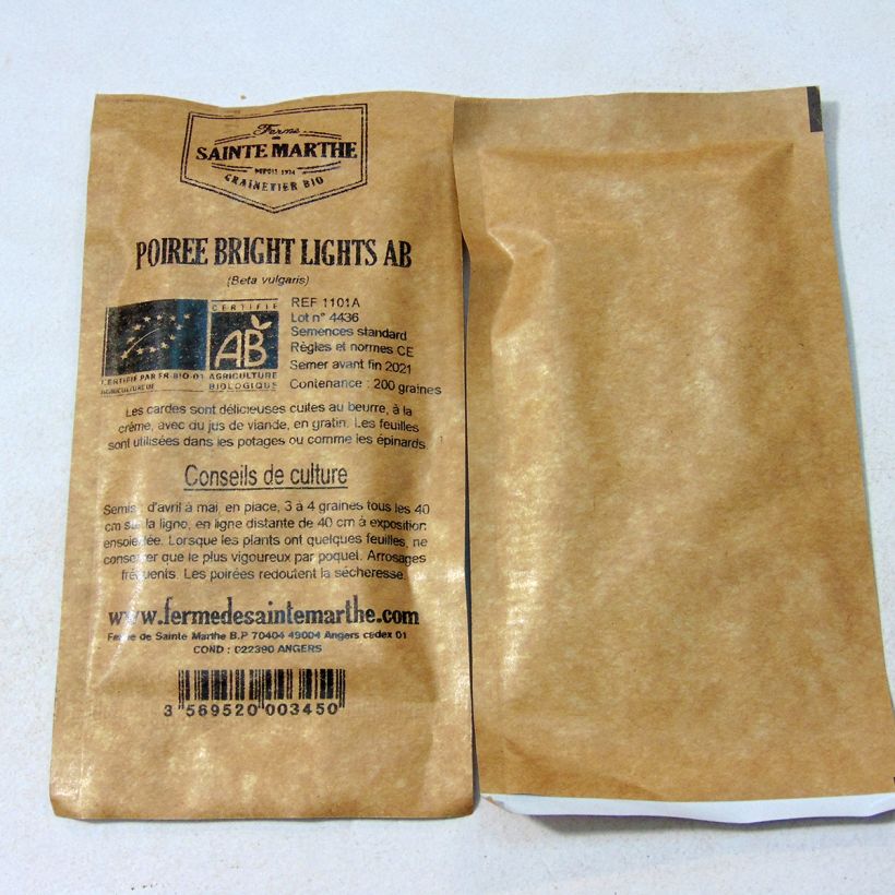 Exemple de spécimen de Poirée Bright Lights Bio - Ferme de Sainte Marthe le sachet de 200 graines environ (4g) tel que livré