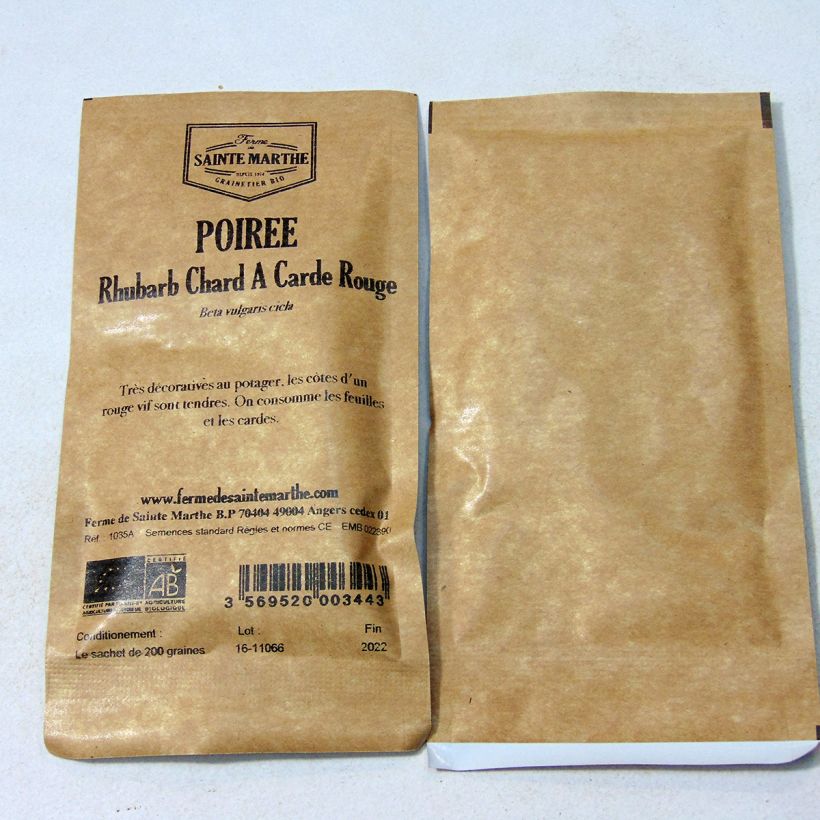 Exemple de spécimen de Poirée Rhubarb Chard à carde rouge Bio - Ferme de Sainte Marthe le sachet de 100 graines environ (4g) tel que livré