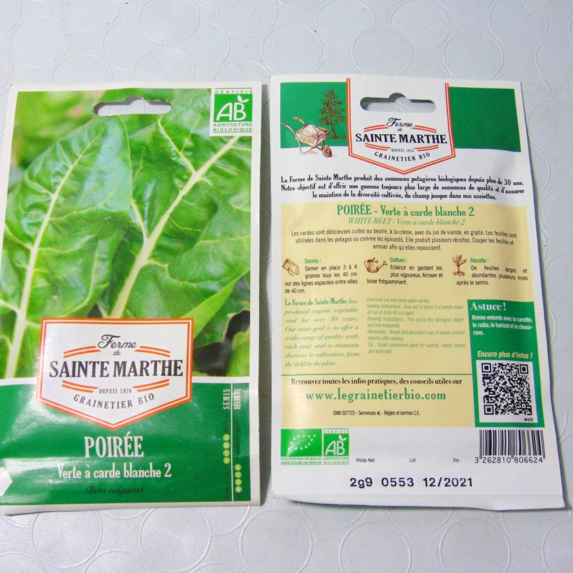 Exemple de spécimen de Poirée Verte à Carde blanche 2 Bio - Ferme de Sainte Marthe le sachet de 150 graines environ (2.9g) tel que livré