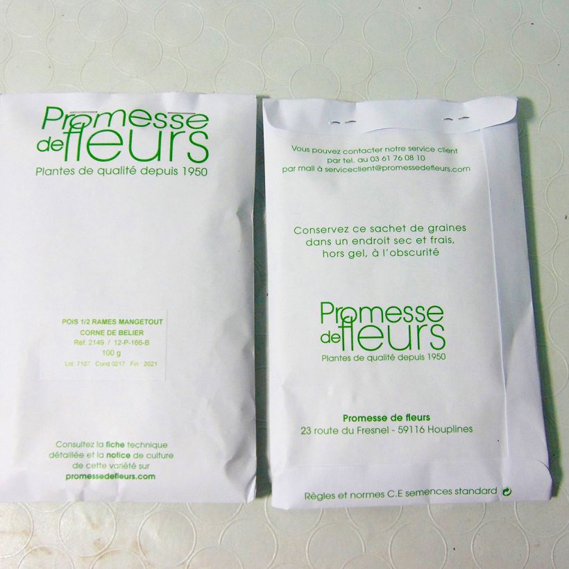 Exemple de spécimen de Pois à rames Corne de Bélier mangetout  - Pisum sativum le sachet de 250-350 graines environ (minimum 100g) tel que livré