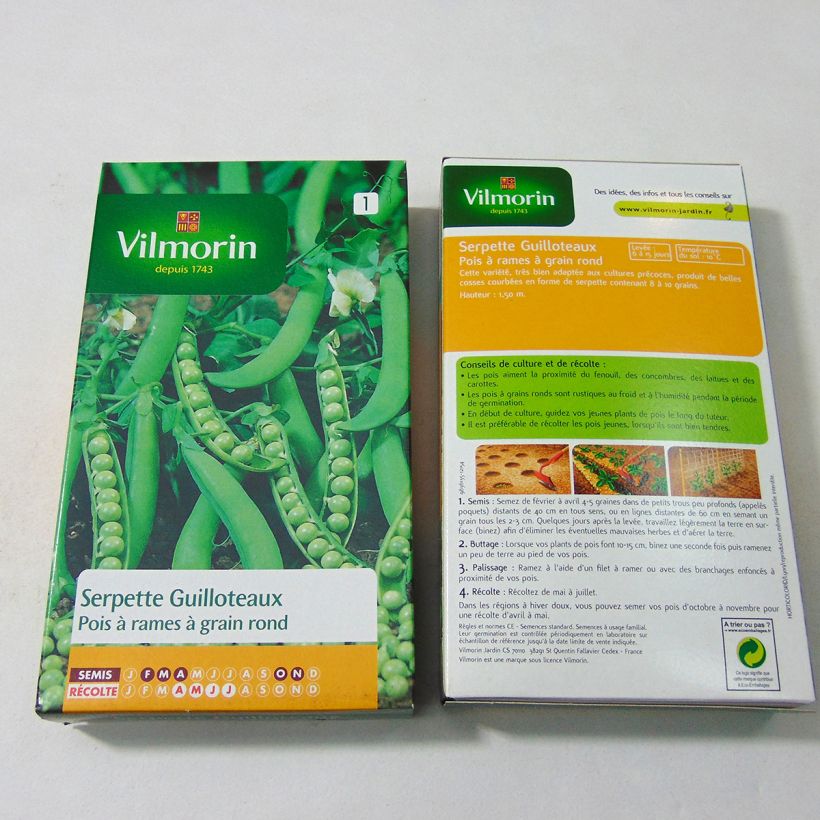 Exemple de spécimen de Pois à rames Serpette Guilloteaux à grains ronds - Vilmorin le sachet de 600 graines environ (200g) tel que livré
