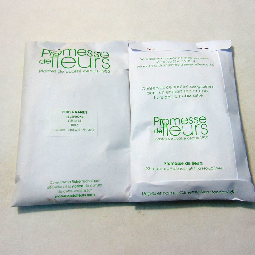 Exemple de spécimen de Pois à rames Téléphone à grains ridés - Pisum sativum le sachet de +/- 350 graines environ (minimum 100g) tel que livré