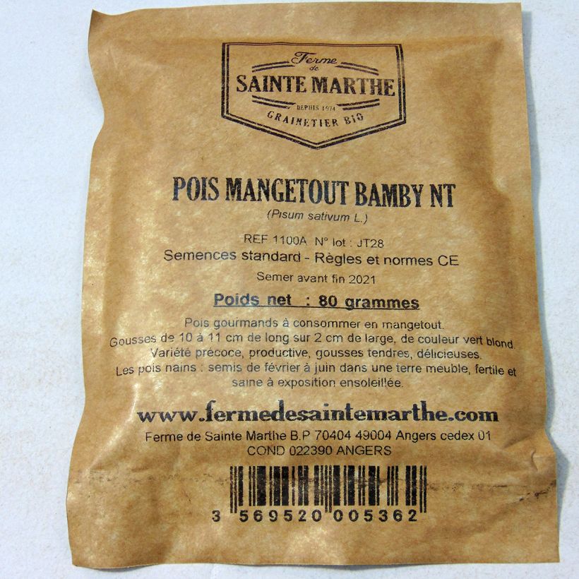 Exemple de spécimen de Pois nain Bamby mangetout NT - Ferme de Sainte Marthe le sachet de 240 graines environ (80g) tel que livré