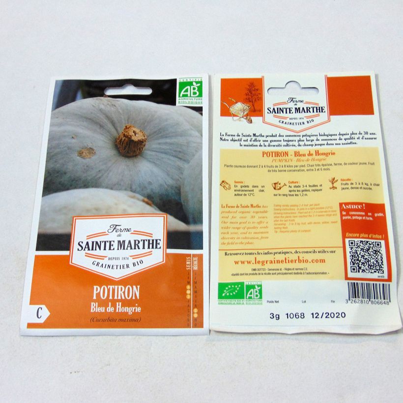 Exemple de spécimen de Potiron Bleu De Hongrie Bio - Ferme de Sainte Marthe le sachet de 8 graines environ (3g) tel que livré