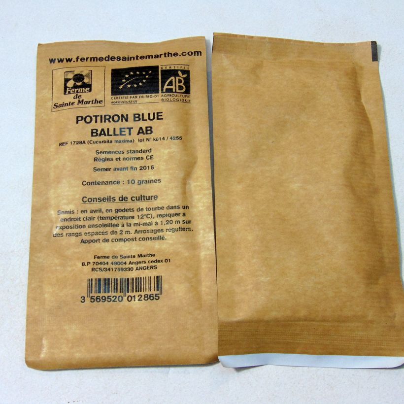 Exemple de spécimen de Potiron Blue Ballet Bio - Ferme de Sainte Marthe le sachet de 10 graines environ (1g) tel que livré