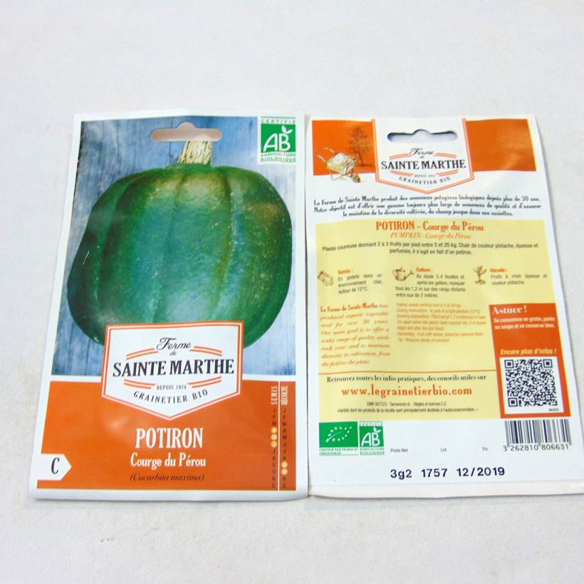 Exemple de spécimen de Potiron Courge du Pérou Bio - Ferme de Sainte Marthe le sachet de 10 graines environ (3g) tel que livré