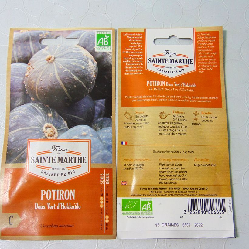 Exemple de spécimen de Potiron Doux Vert d'Hokkaido Bio - Ferme de Sainte Marthe le sachet de 8 graines environ (2g) tel que livré