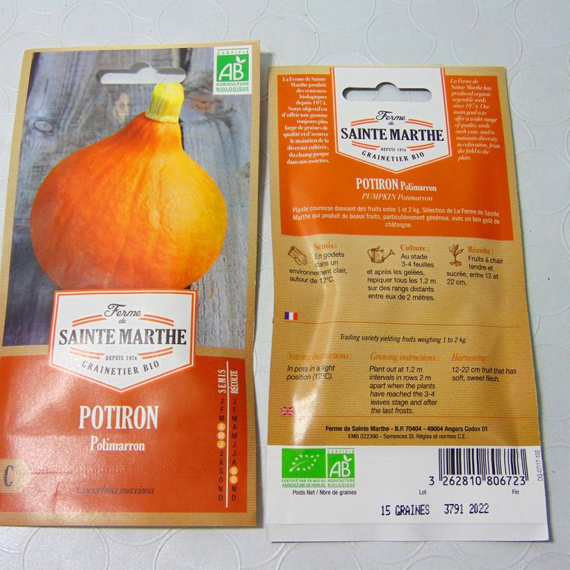 Example of Potiron Potimarron Bio - Ferme de Sainte Marthe le sachet de 10 graines environ (2g) as you get