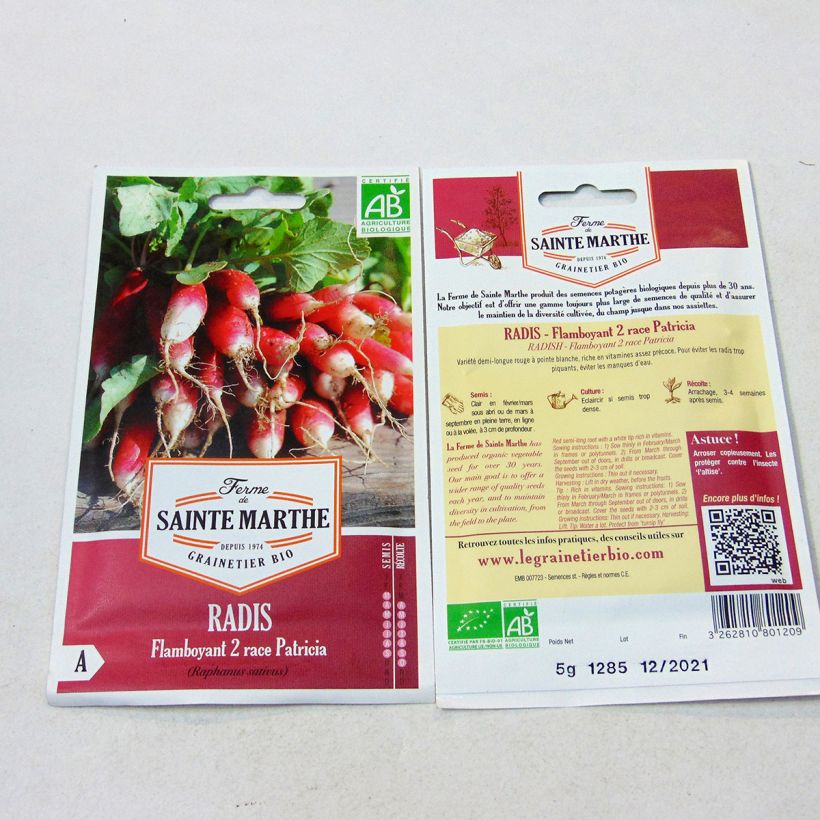 Exemple de spécimen de Radis Flamboyant 2 Race Patricia Bio - Ferme de Sainte Marthe le sachet de 700 graines environ (5g) tel que livré