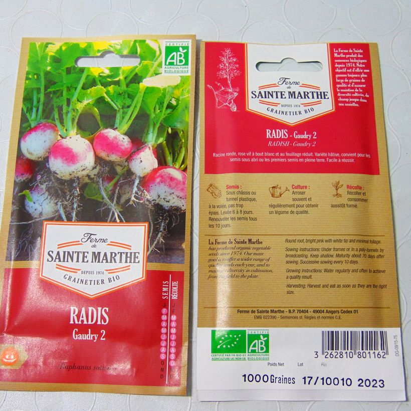 Exemple de spécimen de Radis Gaudry 2 Bio - Ferme de Sainte Marthe le sachet de 500 graines environ (6g) tel que livré