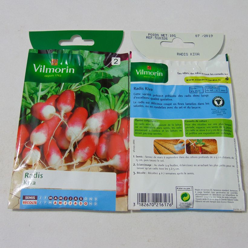 Exemple de spécimen de Radis Kiva - Vilmorin le sachet de 800 graines environ (10g) tel que livré