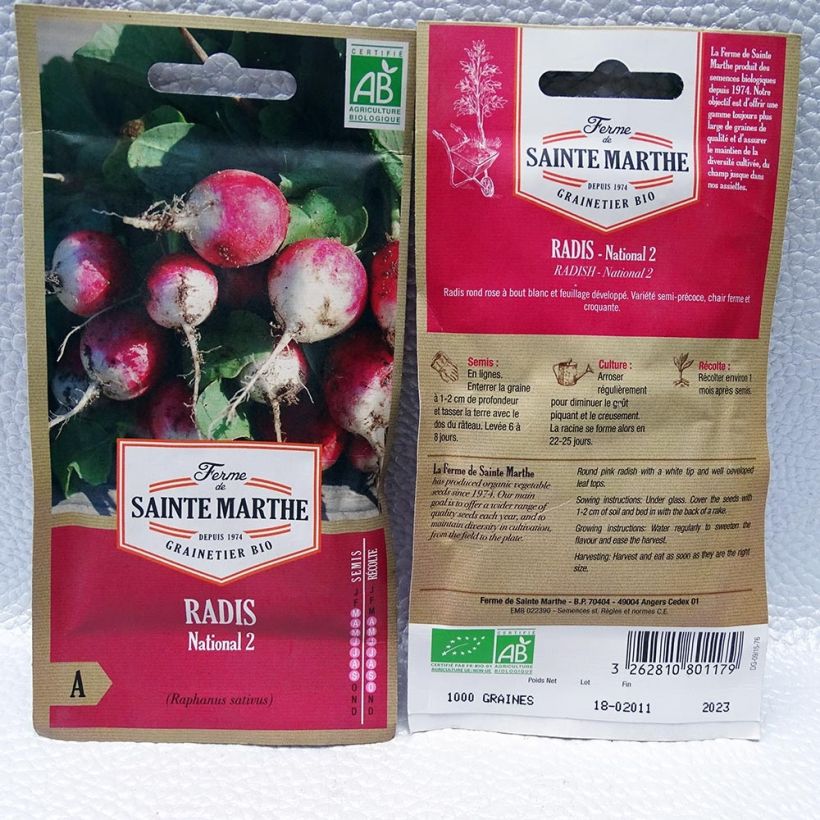 Exemple de spécimen de Radis rond rose à bout blanc National 2 Bio - Ferme de Sainte Marthe le sachet de 1000 graines environ (8g) tel que livré