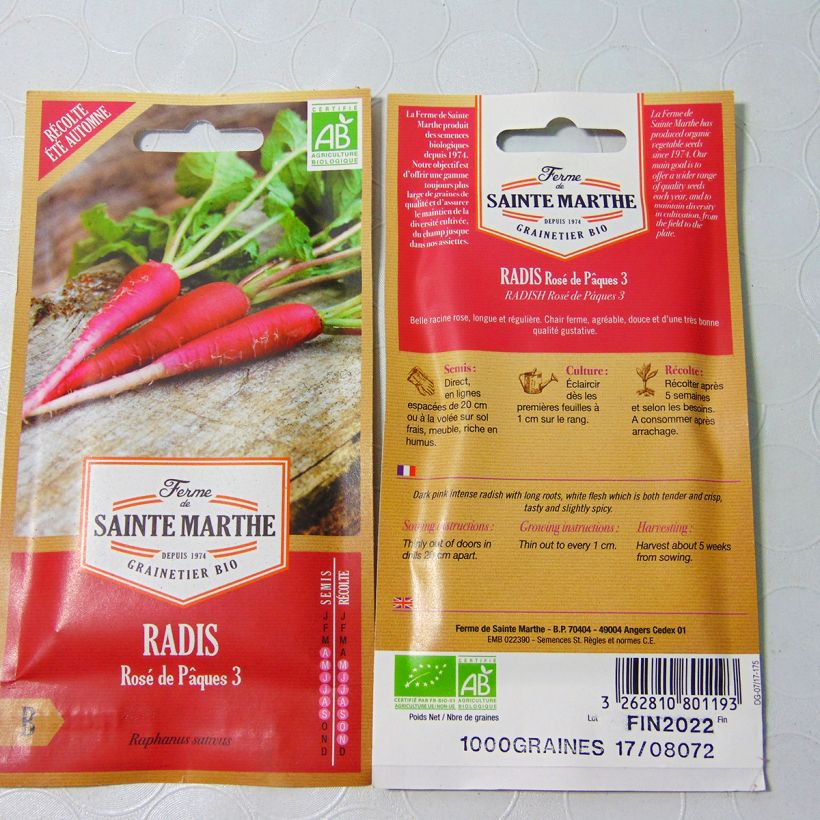 Exemple de spécimen de Radis Rose de Pâques 3 Bio - Ferme de Sainte Marthe le sachet de 700 graines environ (8g) tel que livré