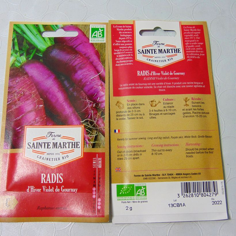 Exemple de spécimen de Radis Violet de Gournay Bio - Ferme de Sainte Marthe le sachet de 160 graines environ (2g) tel que livré