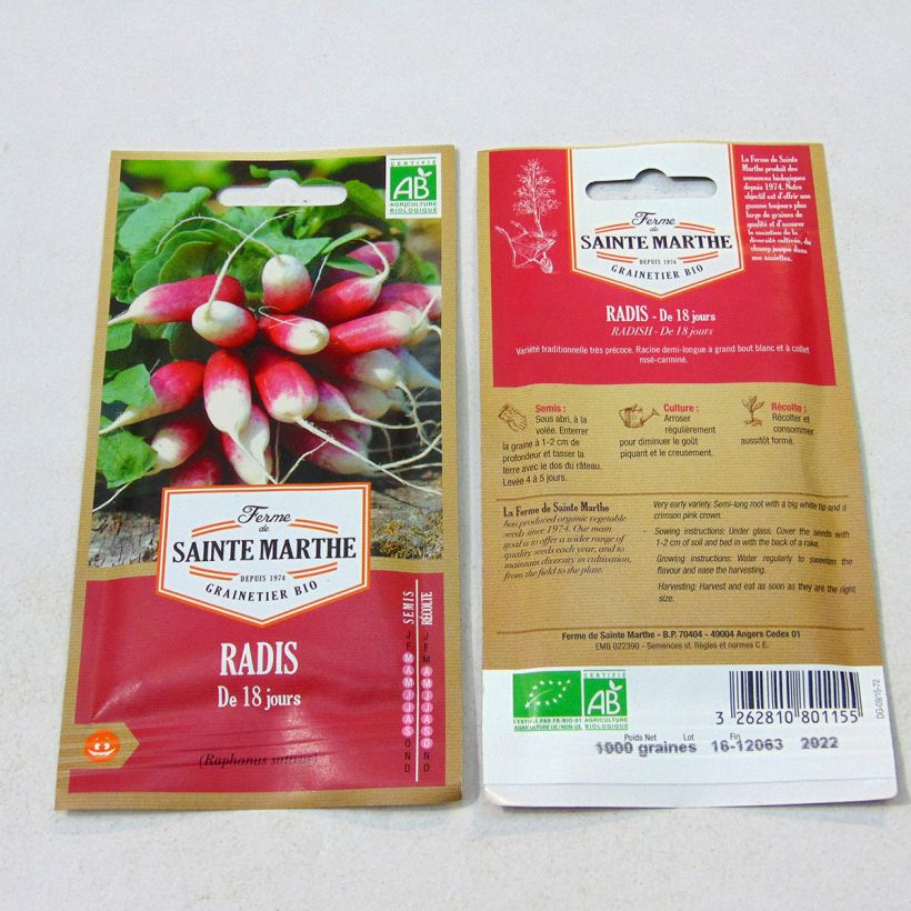 Exemple de spécimen de Radis de 18 Jours Bio - Ferme de Sainte Marthe le sachet de 1000 graines environ (8g) tel que livré