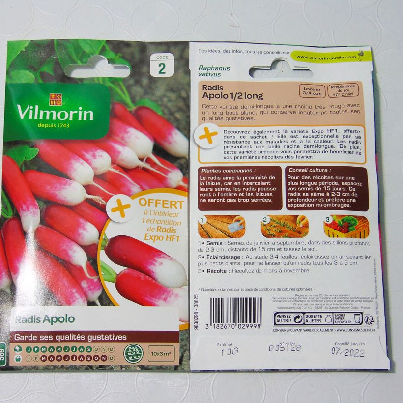 Exemple de spécimen de Radis demi-long Apolo (Création Vilmorin) - Vilmorin le sachet de 800 graines environ (10g) tel que livré