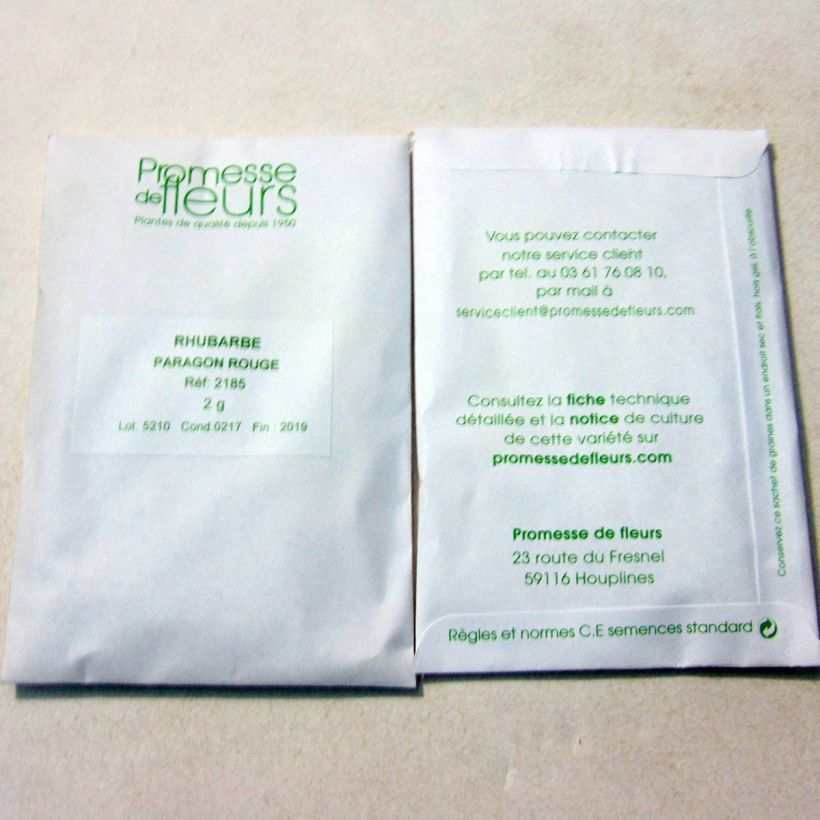 Exemple de spécimen de Rhubarbe Paragon Rouge - Rheum rhaponticum le sachet de +/- 125 graines environ (minimum 2g) tel que livré