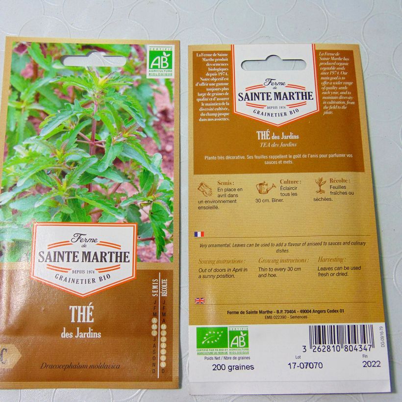 Exemple de spécimen de Thé des jardins Bio - Ferme de Sainte Marthe le sachet de 80 graines environ tel que livré