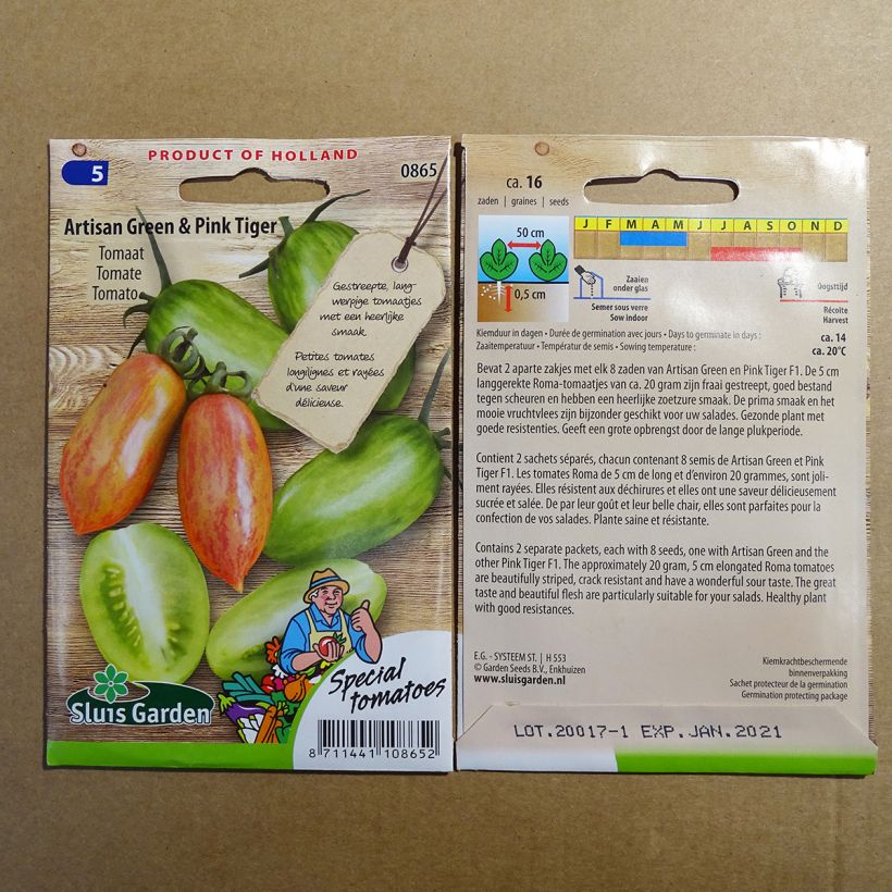 Exemple de spécimen de Tomate Artisan Green Tiger & Pink Tiger le sachet de 16 graines environ tel que livré