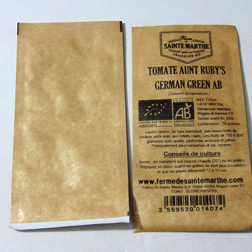 Exemple de spécimen de Tomate Aunt Ruby´s German Green Bio - Ferme de Sainte Marthe le sachet de 50 graines environ tel que livré