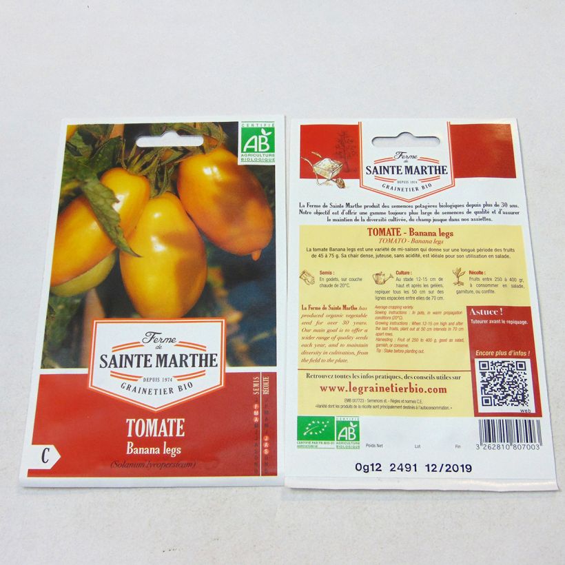 Exemple de spécimen de Tomate Banana Legs Bio - Ferme de Sainte Marthe le sachet de 30 graines environ tel que livré