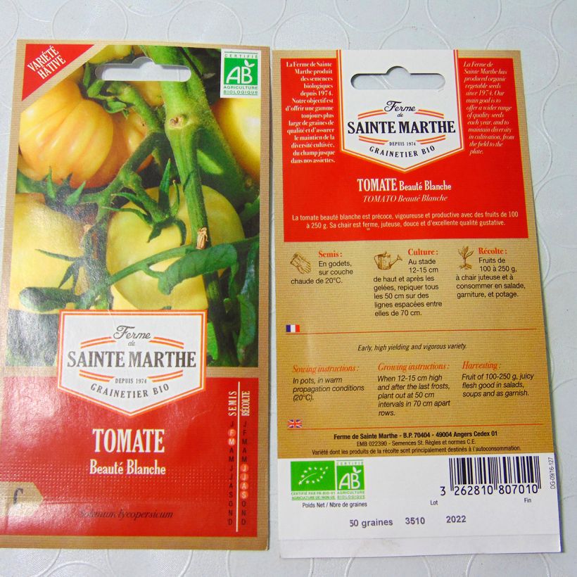 Exemple de spécimen de Tomate Beauté Blanche Bio - Ferme de Sainte Marthe le sachet de 50 graines environ tel que livré