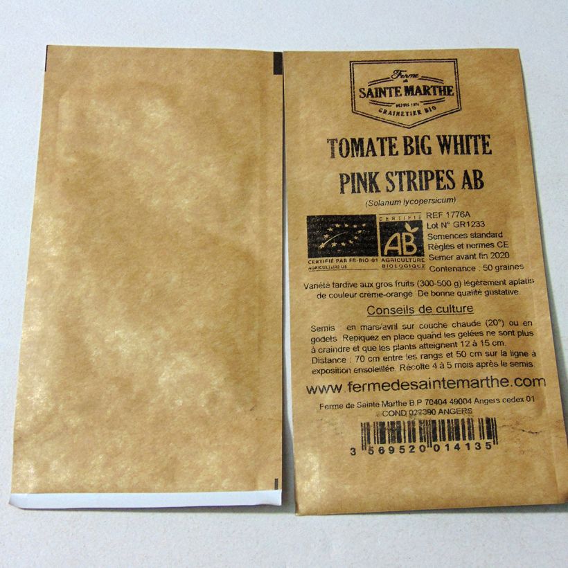 Exemple de spécimen de Tomate Big White Pink Stripes Bio - Ferme de Sainte Marthe le sachet de 50 graines environ tel que livré