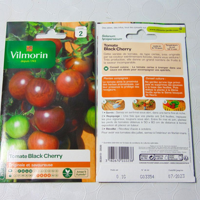 Exemple de spécimen de Tomate Black Cherry - Tomate cerise noire - Vilmorin le sachet de 30 graines environ (0,1g) tel que livré