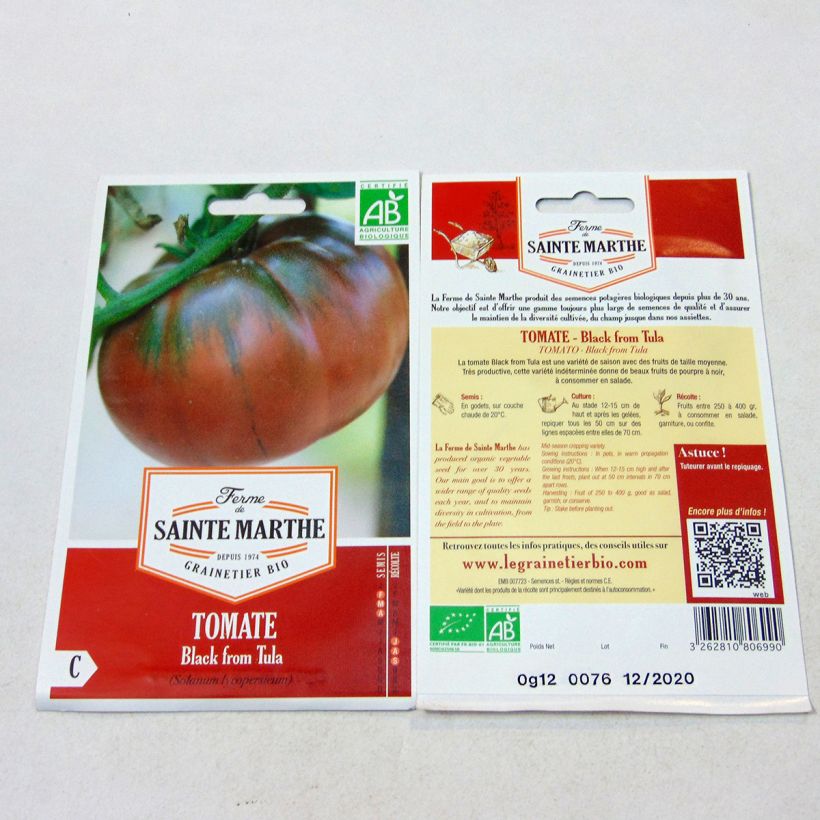 Exemple de spécimen de Tomate Black From Tula Bio - Ferme de Sainte Marthe le sachet de 40 graines environ tel que livré