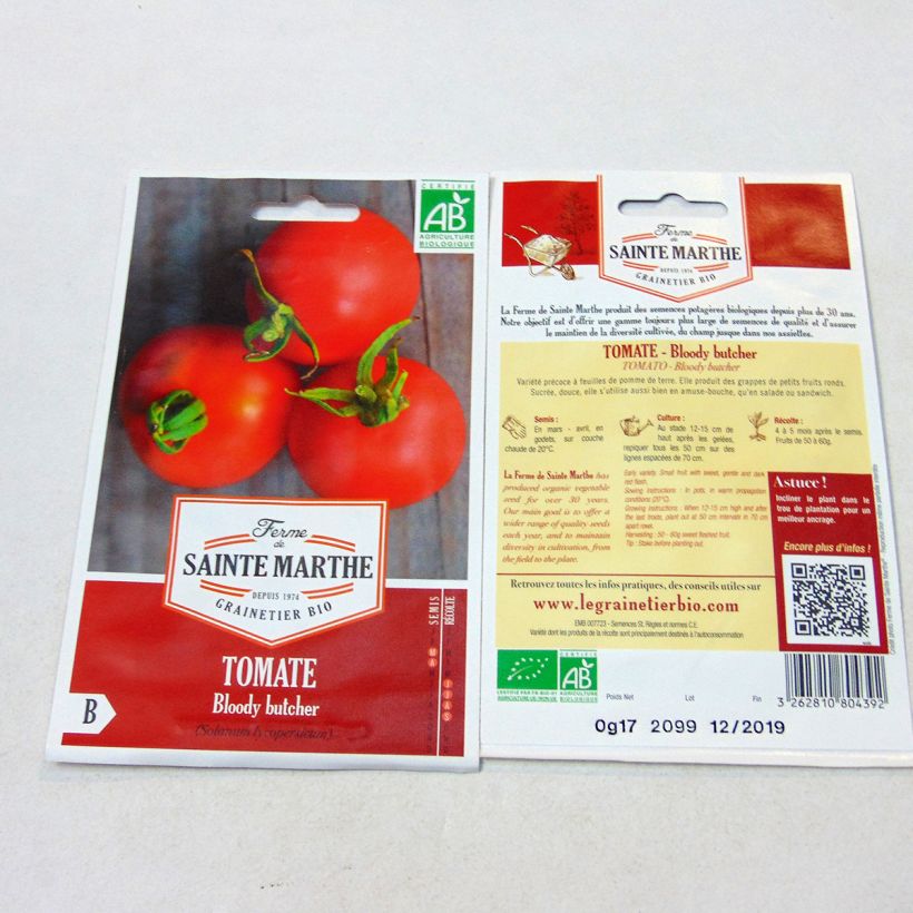 Exemple de spécimen de Tomate Bloody Butcher Bio - Ferme de Sainte Marthe le sachet de 60 graines environ tel que livré