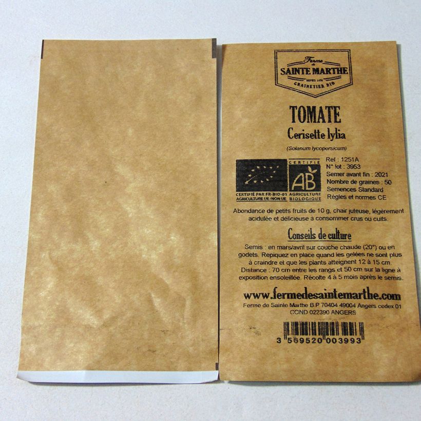 Exemple de spécimen de Tomate Cerisette Lylia Bio - Ferme de Sainte Marthe le sachet de 50 graines environ tel que livré