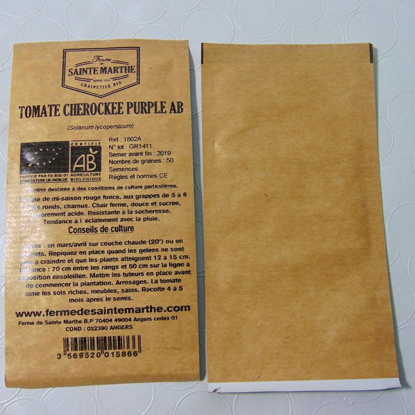 Exemple de spécimen de Tomate Cherokee Purple Bio - Ferme de Sainte Marthe le sachet de 50 graines environ tel que livré