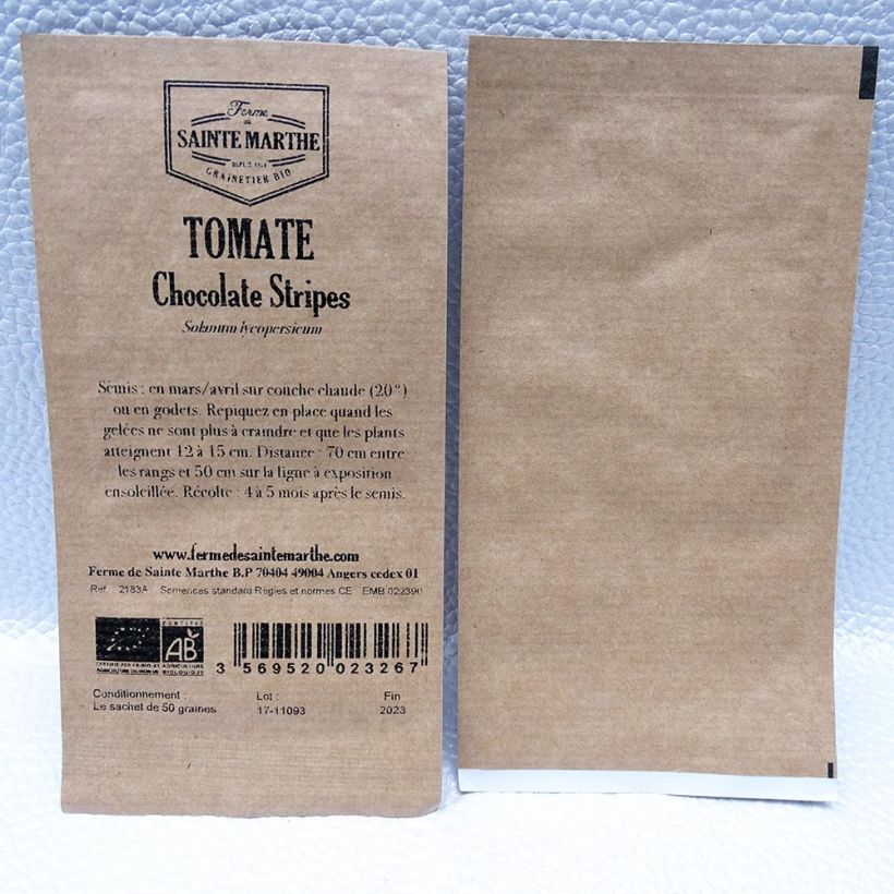 Exemple de spécimen de Tomate Chocolate Stripes Bio - Ferme de Sainte Marthe le sachet de 50 graines environ tel que livré