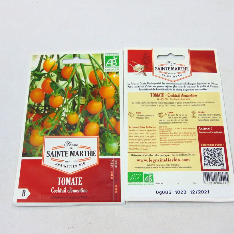Exemple de spécimen de Tomate Cocktail Clémentine Bio - Ferme de Sainte Marthe le sachet de 50 graines environ tel que livré