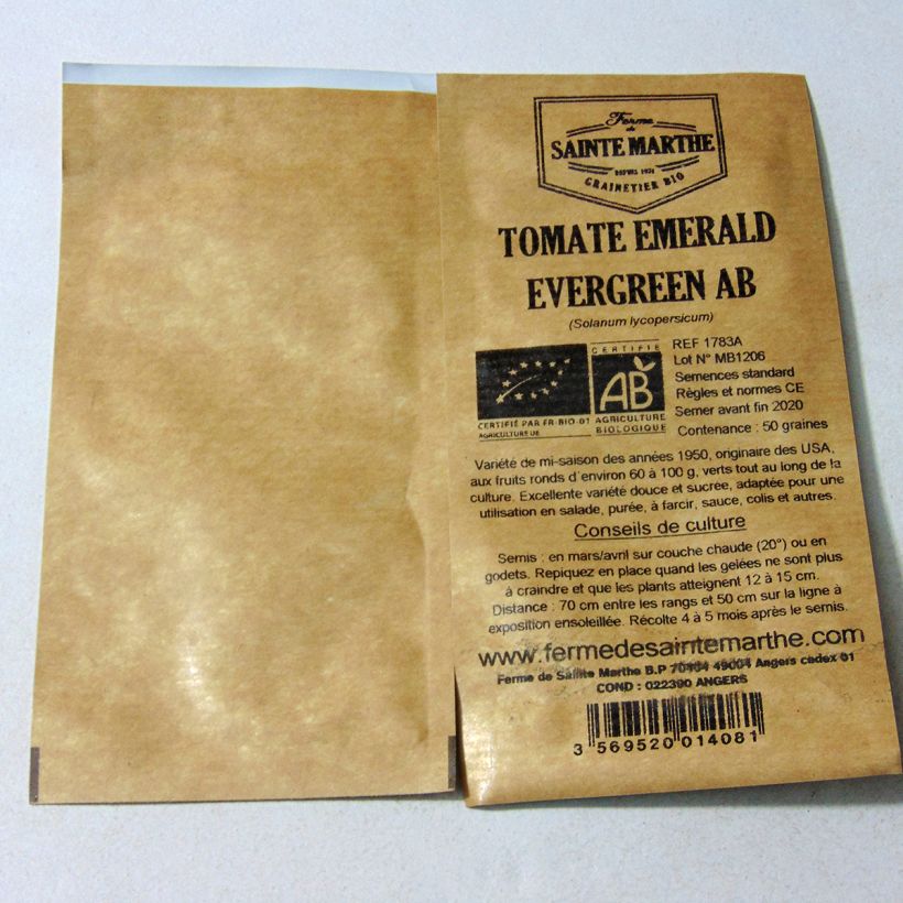 Exemple de spécimen de Tomate Emerald Evergreen Bio - Ferme de Sainte Marthe le sachet de 50 graines environ tel que livré