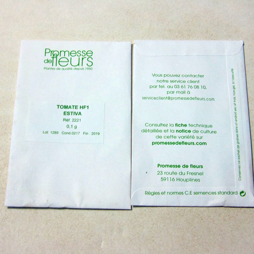 Exemple de spécimen de Tomate Estiva F1 le sachet de +/- 25 graines environ (minimum 0,1g) tel que livré