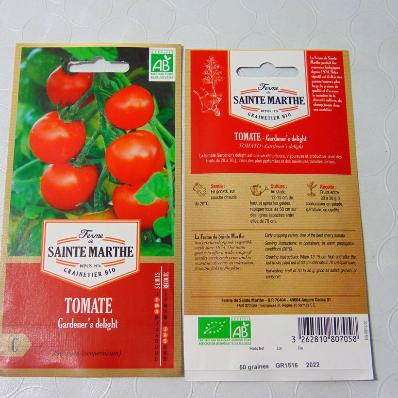 Exemple de spécimen de Tomate Garderner's Delight Bio - Ferme de Sainte Marthe le sachet de 60 graines environ tel que livré