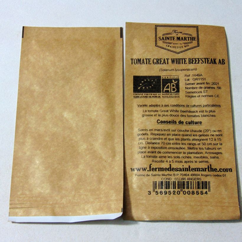 Exemple de spécimen de Tomate Great White Beefsteak Bio - Ferme de Sainte Marthe le sachet de 50 graines environ tel que livré