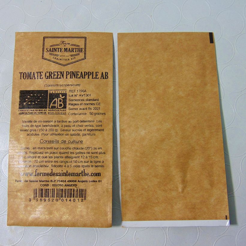 Exemple de spécimen de Tomate Green Pineapple Bio - Ananas verte - Ferme de Sainte Marthe le sachet de 50 graines environ tel que livré