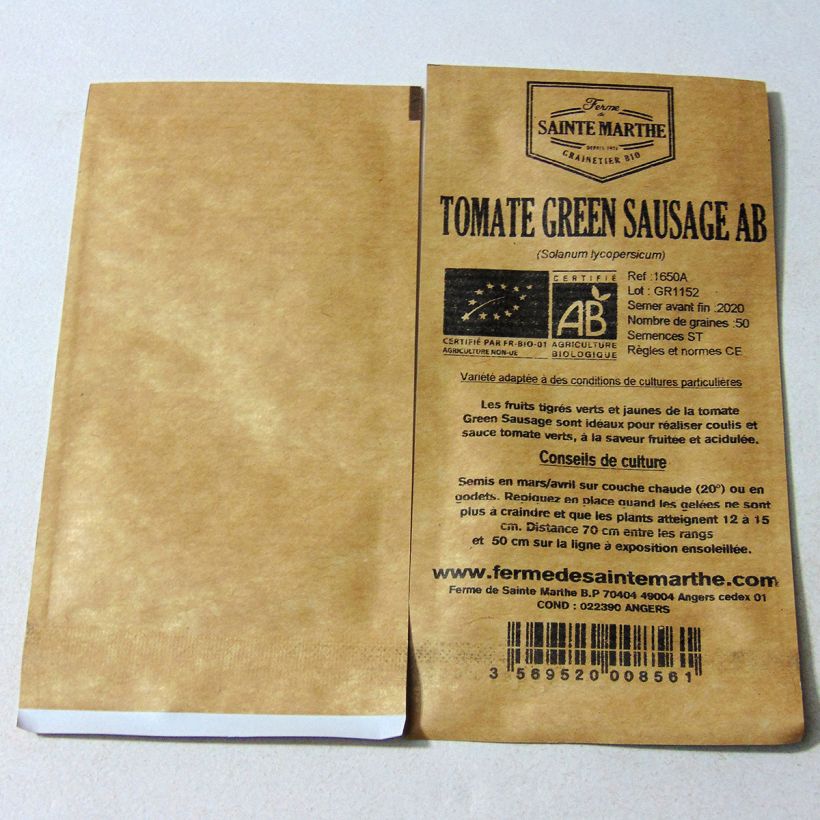 Exemple de spécimen de Tomate Green Sausage Bio - Ferme de Sainte Marthe le sachet de 50 graines environ tel que livré