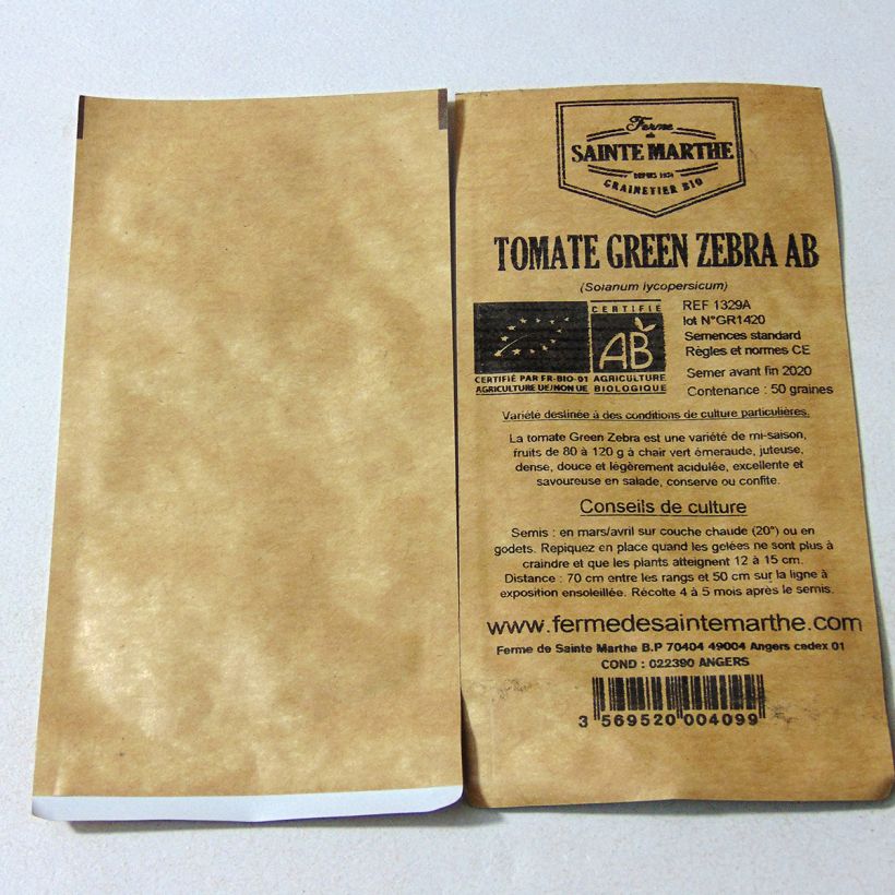 Exemple de spécimen de Tomate Green Zebra Bio - Ferme de Sainte Marthe le sachet de 50 graines environ tel que livré