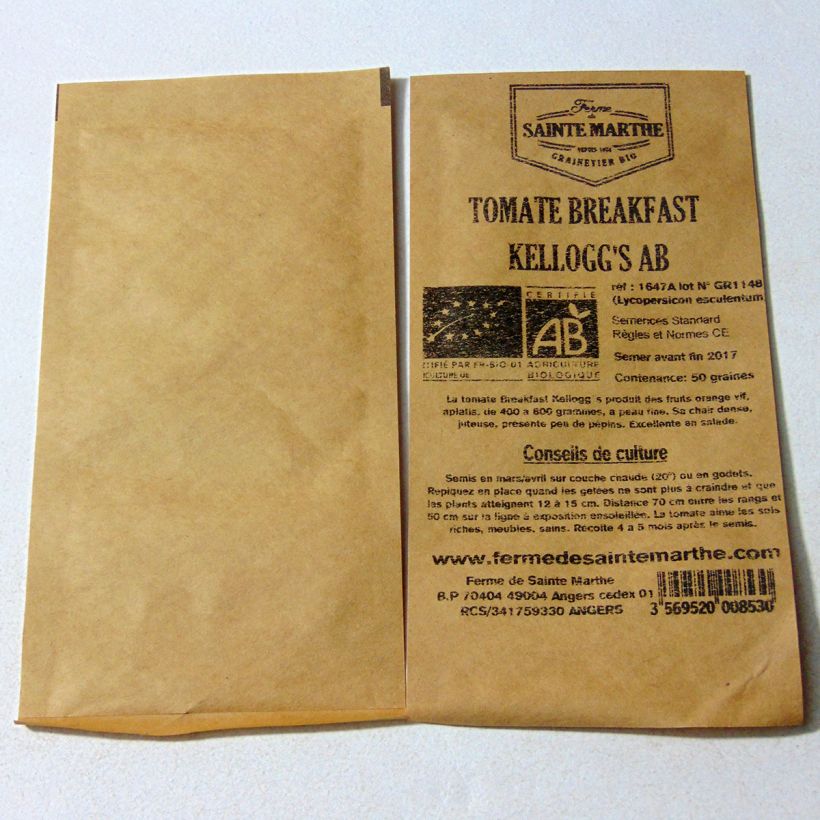 Exemple de spécimen de Tomate Kellogg's Breakfast Bio - Ferme de Sainte Marthe  le sachet de 50 graines environ tel que livré