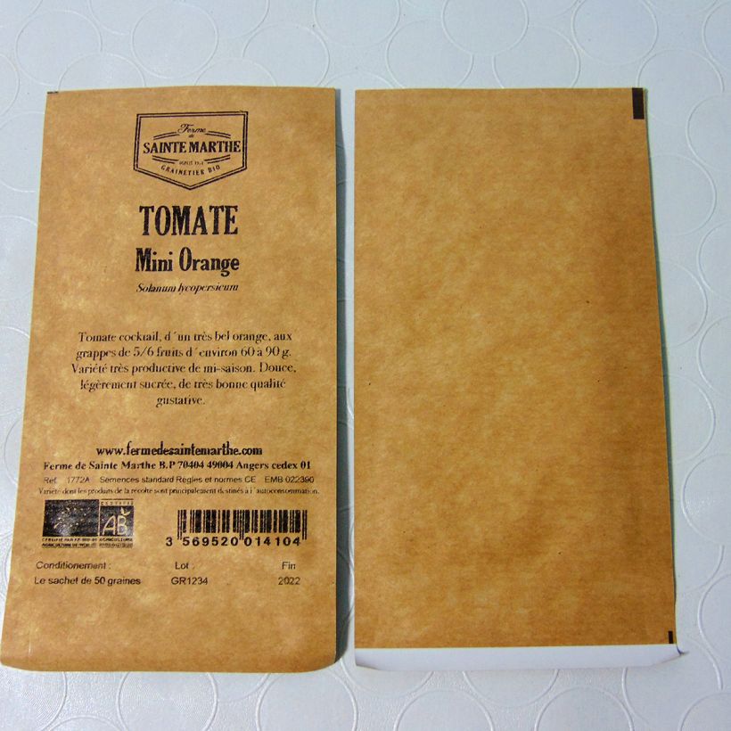 Exemple de spécimen de Tomate Mini Orange Bio - Ferme de Sainte Marthe le sachet de 50 graines environ tel que livré