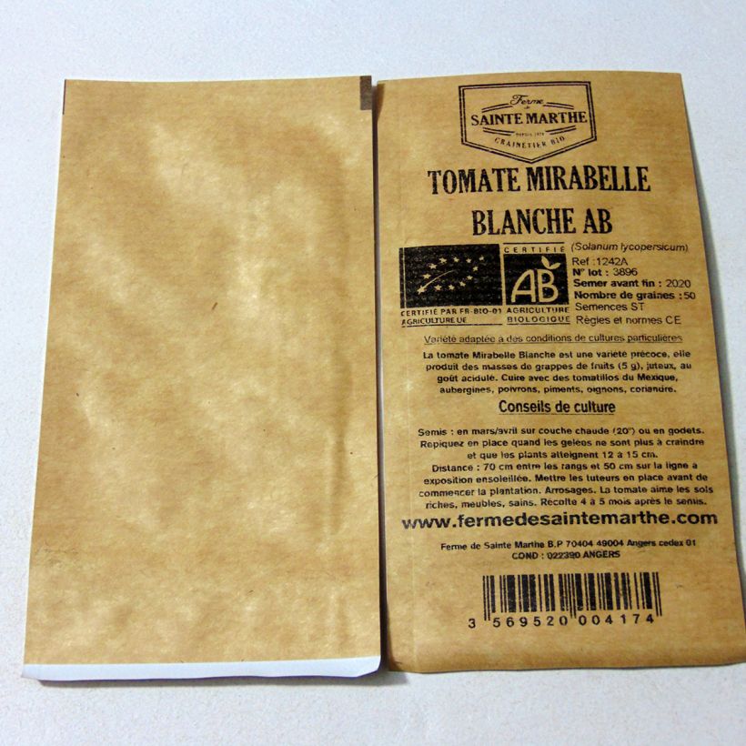 Exemple de spécimen de Tomate Mirabelle blanche Bio - Ferme de Sainte Marthe  le sachet de 50 graines environ tel que livré