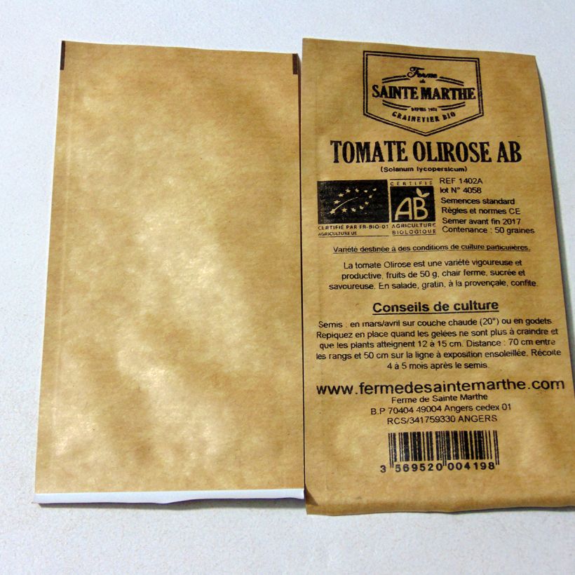 Exemple de spécimen de Tomate Olirose Bio - Ferme de Sainte Marthe le sachet de 50 graines environ tel que livré