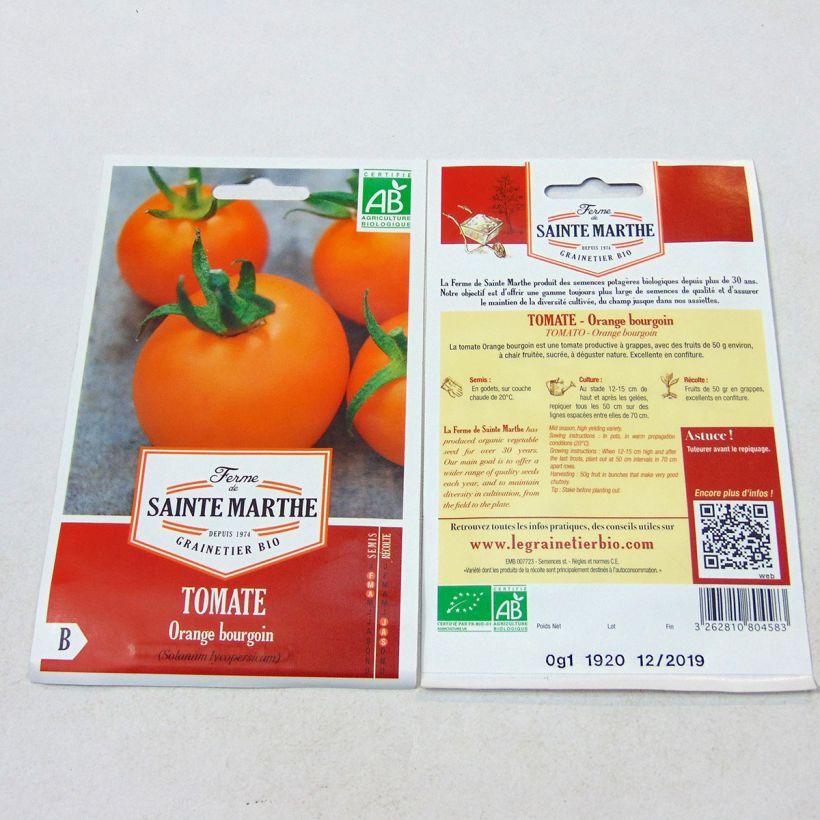 Exemple de spécimen de Tomate Orange Bourgoin Bio - Ferme de Sainte Marthe le sachet de 40 graines environ tel que livré