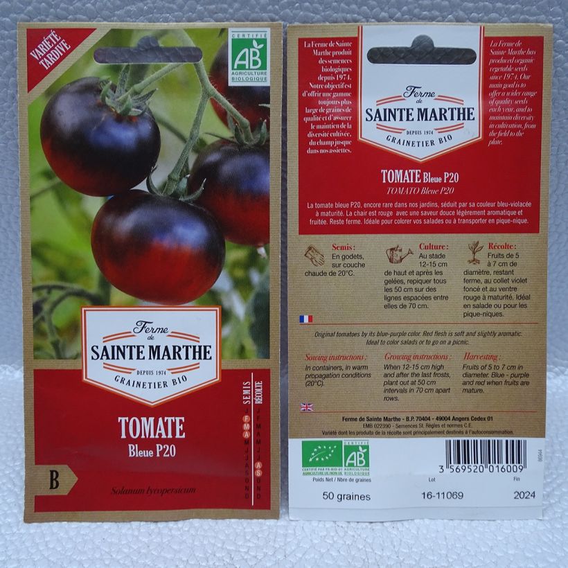 Exemple de spécimen de Tomate Osu Blue P20 ou Bleue P20 Bio - Ferme de Sainte Marthe le sachet de 50 graines environ tel que livré