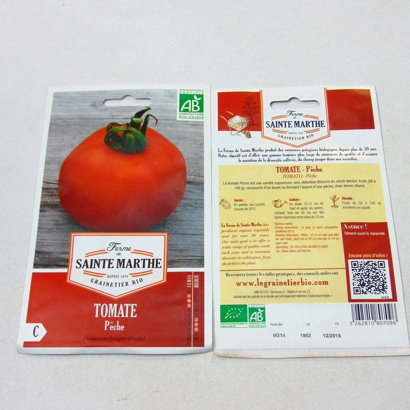 Exemple de spécimen de Tomate Pêche Bio – Ferme de Sainte Marthe le sachet de 40 graines environ tel que livré